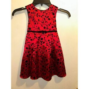 George Girls Red Black Velvet Floral Vine Holiday Party Dress Sash Back Size 3T